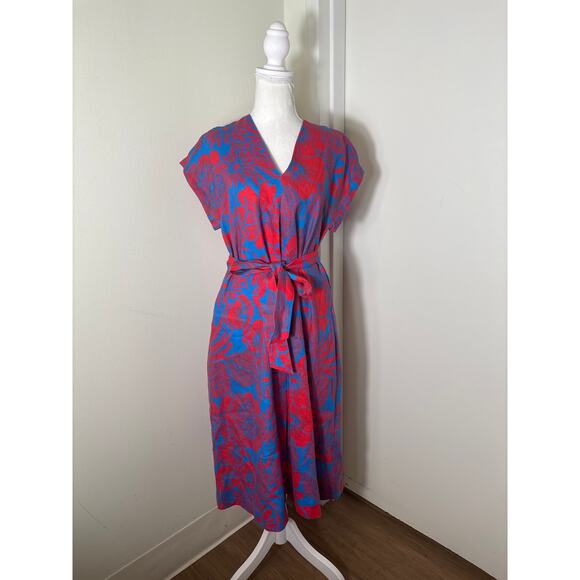 Hobbs Blue Red Cap Sleeve V-Neck Linen Midi Dress Sz 8 - Picture 1 of 4